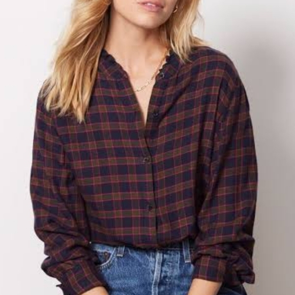 NWT Rails Andie Plaid Navy Olive And Fuschia  Flannel Ruffle Collar Shirt Medium - Picture 1 of 11